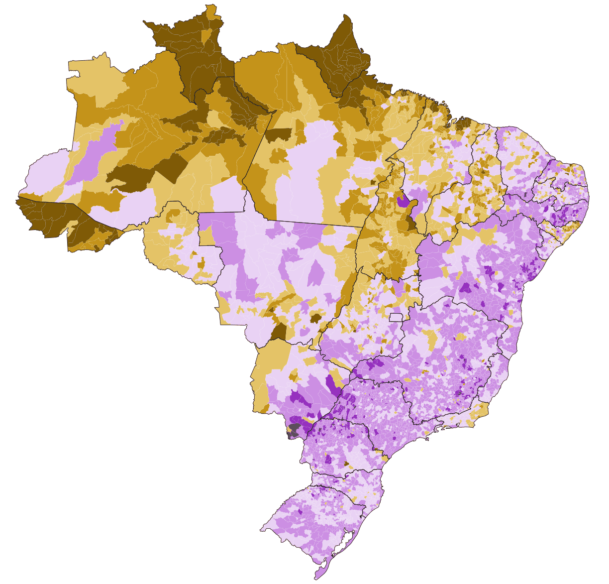 Mapa de Brasil por municipio: cambio de la participación entre las dos vueltas